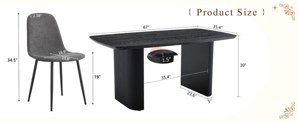 English Elm Table Set: Stylish 67" Black Wood Grain Mdf Dining Table With 6 Dark Gray Linen Chairs For Comfort W1151S04155-GIGA