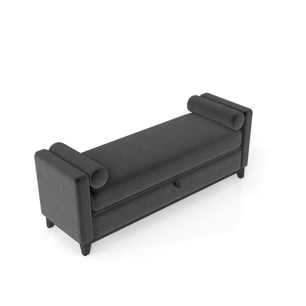 English Elm 66 Inch Sherpa Upholstered Storage Bench with Fluted Wood Base and Bolster Pillows Black W1658P446127