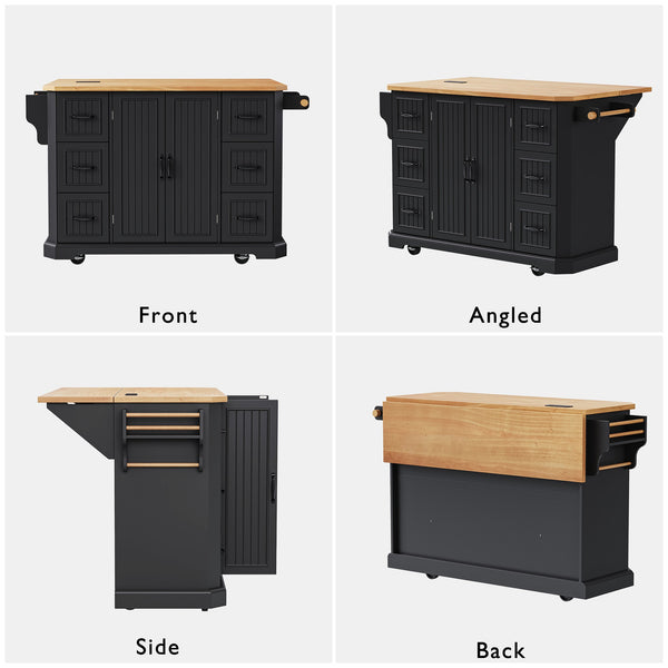 English Elm K&K 56-Inch Kitchen Island Cart with Embossed Vertical Stripe, Drop Leaf, Charging Station, Storage Black N707P266184B