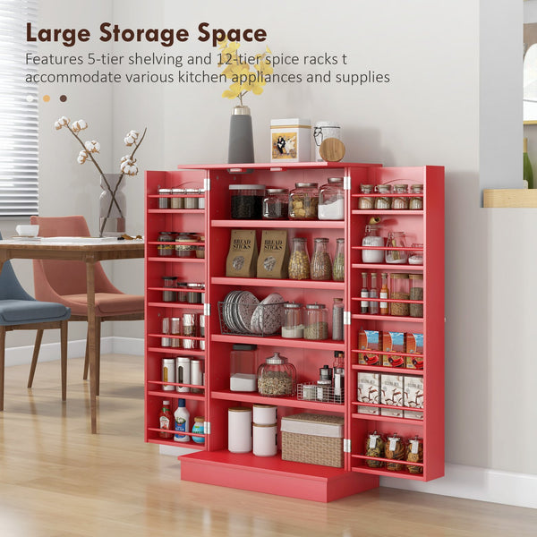English Elm HOMCOM 41" Kitchen Pantry Storage Cabinet with 5-Tier Shelves, 12 Door Racks, Anti-Tip Straps, Sleek Design Red W2225P229098