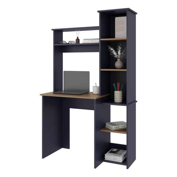 English Elm Navy Convertible Computer Desk with Hutch & Side Bookshelf in Navy Blue & Natural Oak for Organized Workspaces B062P389918