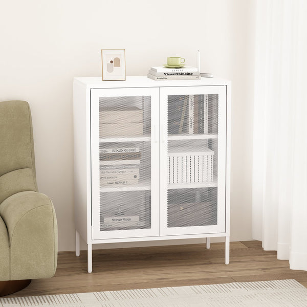 English Elm Amelia Metal Accent Cabinet 32" — Steel Mesh Doors, Adjustable Shelves, Minimalist Legs for Modern Storage Solutions White B365P397882