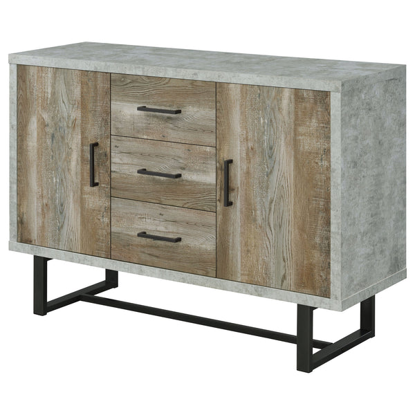 English Elm Sedona Weathered Oak Accent Cabinet with Faux Cement Frame, 3 Drawers, Shelves, Gunmetal Legs B062P351425