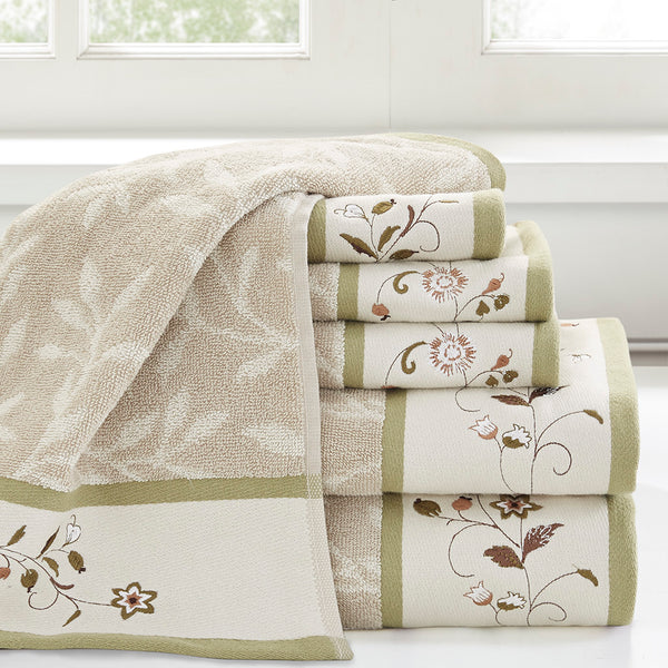 JLA Home Madison Park - Embroidered Cotton Jacquard Towel Set — 6-Piece Spa-Inspired Soft, Absorbent, OEKO-TEX Certified Luxury Green MP73-7907