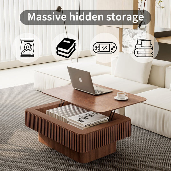 English Elm 38.6'' Fluted Walnut Lift-top Coffee Table with Hidden Storage for Modern Living W1435P380337
