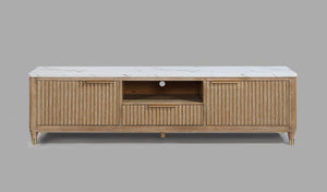 English Elm 1pc Modern Luxury Fluted Wood Facade TV Stand with Faux Marble Top, Brass Accents & Tapered Legs Natural Wood,White 20.25 L x 87 W x 24 H B2741P367181