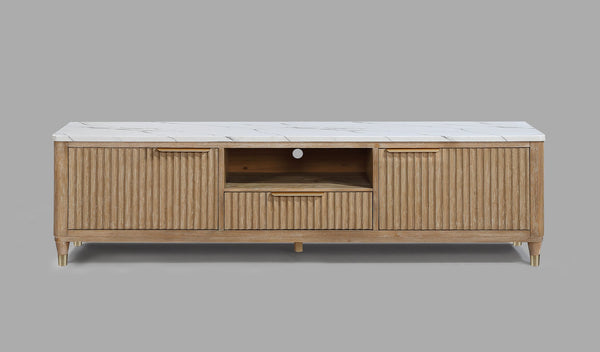 English Elm 1pc Modern Luxury Fluted Wood Facade TV Stand with Faux Marble Top, Brass Accents & Tapered Legs Natural Wood,White 20.25 L x 87 W x 24 H B2741P367181