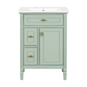 English Elm 24-Inch Bathroom Vanity with Sink, Solid Wood & MDF, Ceramic Top, Gold Handles, Flip Drawer Design Green N725P350824F