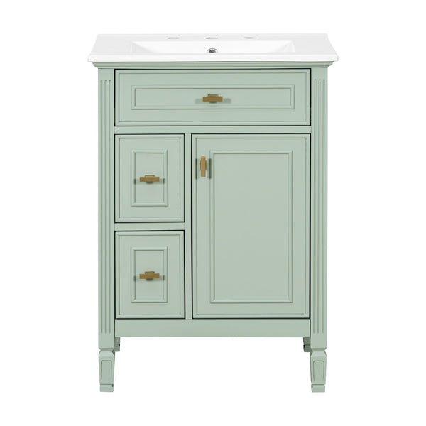 English Elm 24-Inch Bathroom Vanity with Sink, Solid Wood & MDF, Ceramic Top, Gold Handles, Flip Drawer Design Green N725P350824F