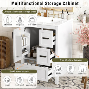 English Elm Modern 24 Inch Bathroom Vanity Solid Wood Cabinet with Ceramic Sink and Soft Close Storage White N729P292859K