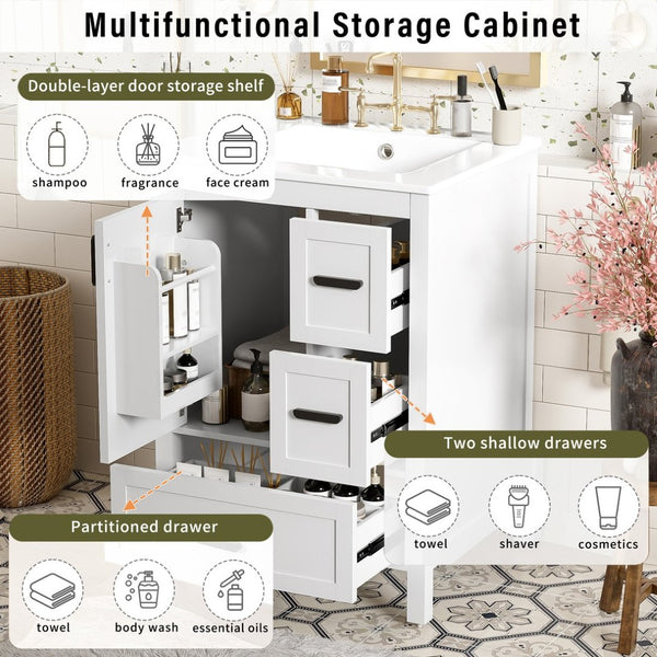 English Elm Modern 24 Inch Bathroom Vanity Solid Wood Cabinet with Ceramic Sink and Soft Close Storage White N729P292859K