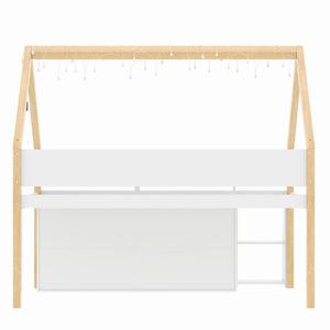 English Elm Twin-size Pine Low Loft Bed with House Canopy Step Stairs Storage Cabinet Led Lights N7090005033K