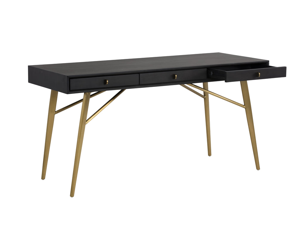 Sunpan Giana Desk - Rustic Acacia Wood Veneer with Smoked Grey Finish & Brass Pulls for Stylish Storage