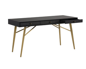 Sunpan Giana Desk - Rustic Acacia Wood Veneer with Smoked Grey Finish & Brass Pulls for Stylish Storage