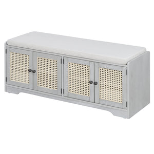 English Elm TREXM Rustic Storage Bench with Woven Rattan Doors, Removable Cushion & Adjustable Shelves for Entryway Home Organizing Beige,Gray Wash N715P308013E