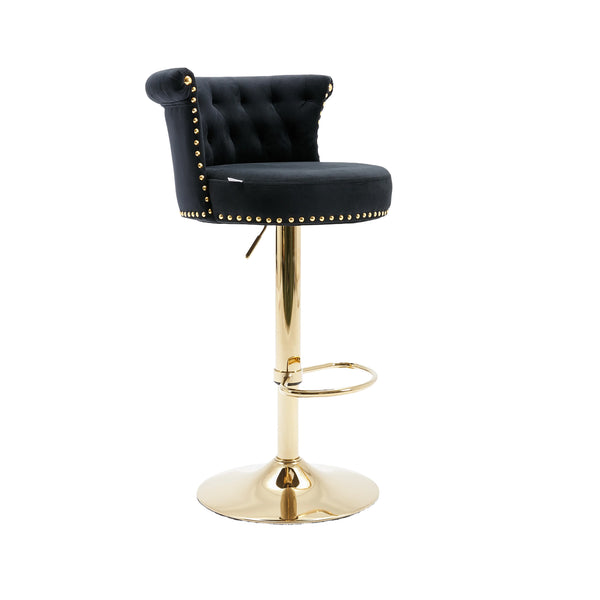 English Elm UNITED Velvet 360° Rotating Bar Chair with Diamond Stitching, Gold Frame, Plush Foam Seat, Adjustable Height Black W1568P361716
