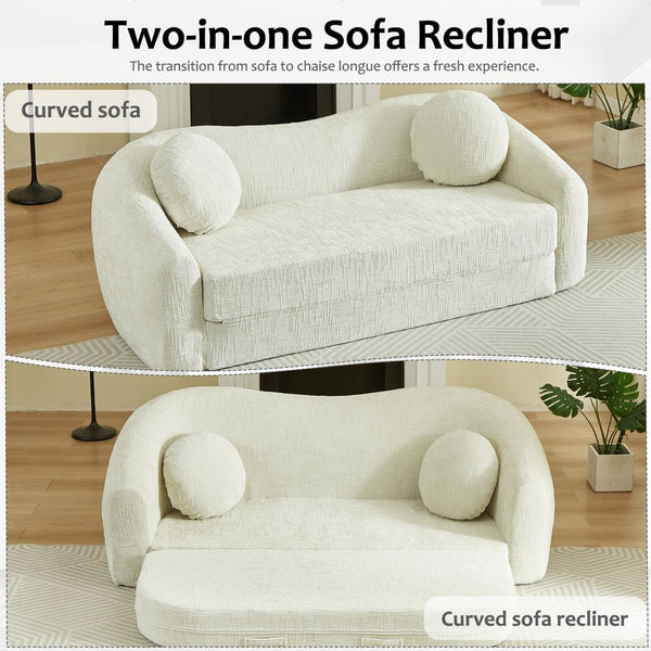 English Elm 86-inch Curved Chenille Convertible Sofa Recliner Frameless Folding Two-seater for Living Room Beige W3505P452816