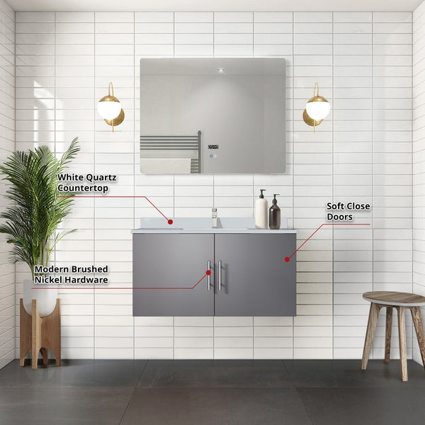 English Elm Dark Grey Bath Vanity 36 In. W X 22 In. D With White Quartz Top, Faucet, And Led Mirror Set B2731S01310