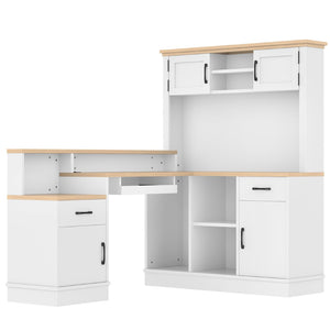 English Elm L-shaped Corner Computer Desk with Built-in Outlets Drawers and Open Shelving Storage W1580S00269