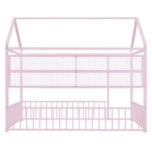 English Elm Full Metal House Bed Frame Full Size with Built-In Fence and 4 Grid Shelves for Durable Storage and Style Pink N737P175361H