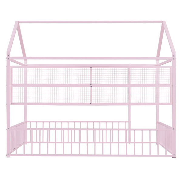 English Elm Full Metal House Bed Frame Full Size with Built-In Fence and 4 Grid Shelves for Durable Storage and Style Pink N737P175361H