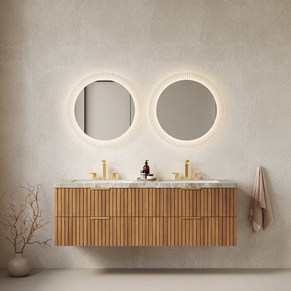 English Elm ELIO 60" Wall-Mounted Double Basin Vanity with Sintered Stone Top, Oak Veneer Drawers, Preassembled W2615P279351