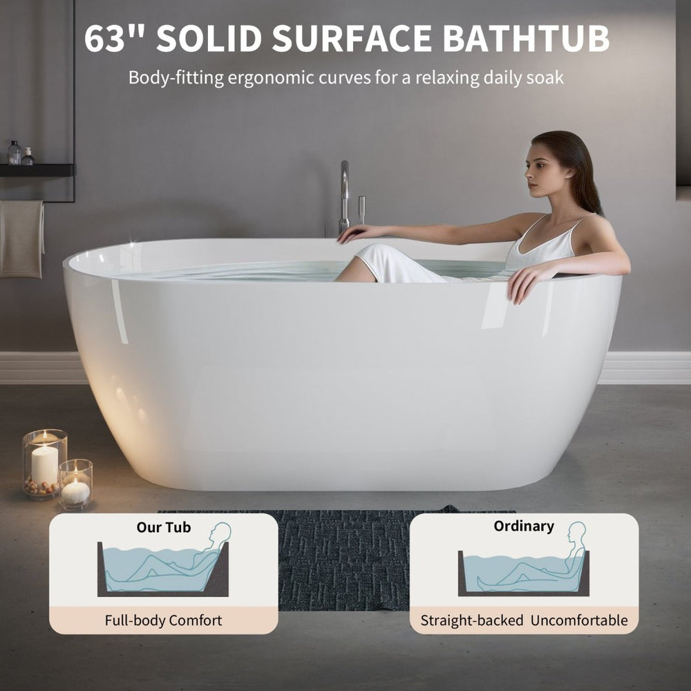 English Elm 63" Stone Resin Freestanding Soaking Tub Matte Sculpted Surface for Spa Bathroom W1920P410082