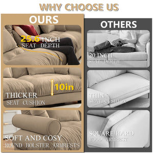 English Elm Extra Velvet 3-Seat Modern Oversize Sofa with Cloud-Like Cushions, Bolster Arms, Pillows, Plush Comfort Camel W714S01098