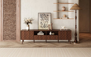 English Elm 78 Inch Walnut Entertainment Center Fluted Doors Solid Wood Legs for Living Room N710P372591P