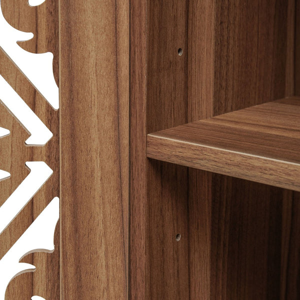 English Elm 70.28" Tall Walnut Pantry Cabinet Lattice Carved Doors Adjustable Shelves Two Drawers W688P303382