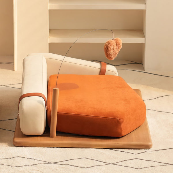 English Elm Modern Oak Veneer Pet Bed with Chenille Upholstery and Orthopedic Foam Cushion Orange W3136P445674