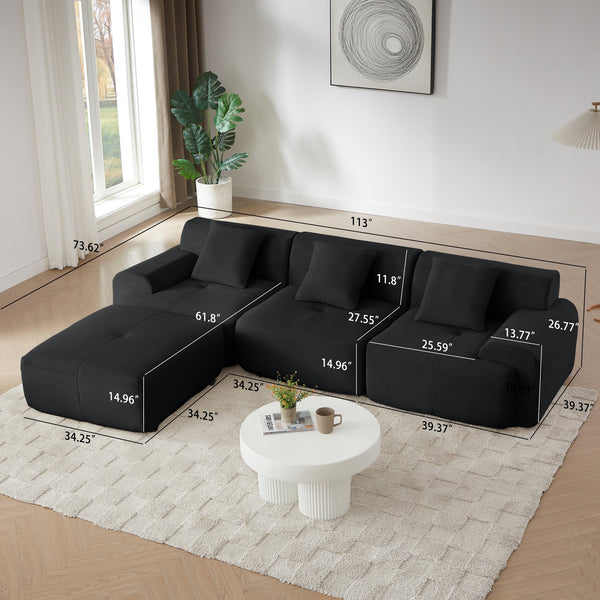 English Elm 113" Modular L-Shaped Sectional Sofa with Corduroy Upholstery, Deep Seats, Wide Arms, Ottoman Included Black W1359S00023