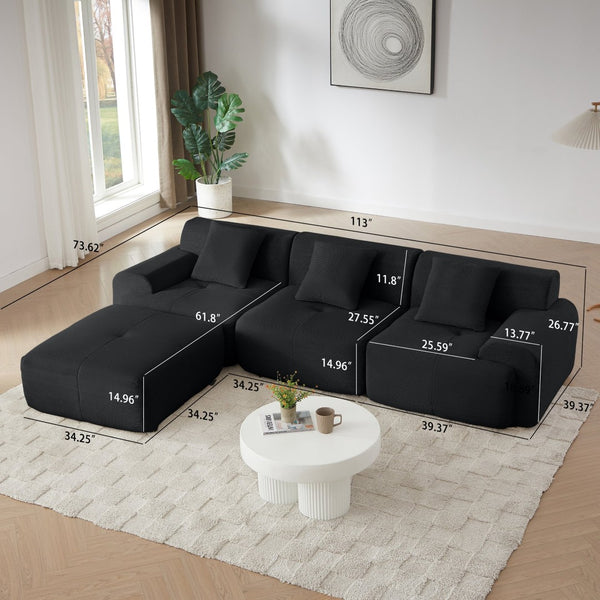 English Elm 113" Modular L-shaped Sectional Sofa Corduroy Upholstered with Movable Ottoman Black W1359S00060