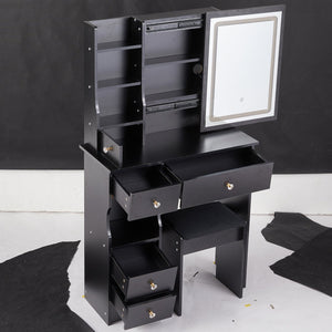 English Elm 29.2" Compact Vanity Table With Led Mirror & Cushioned Stool - Space-Saving Design For Small Rooms W936P226035