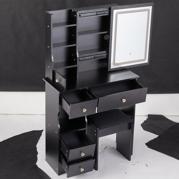 English Elm 29.2" Compact Vanity Table With Led Mirror & Cushioned Stool - Space-Saving Design For Small Rooms W936P226035