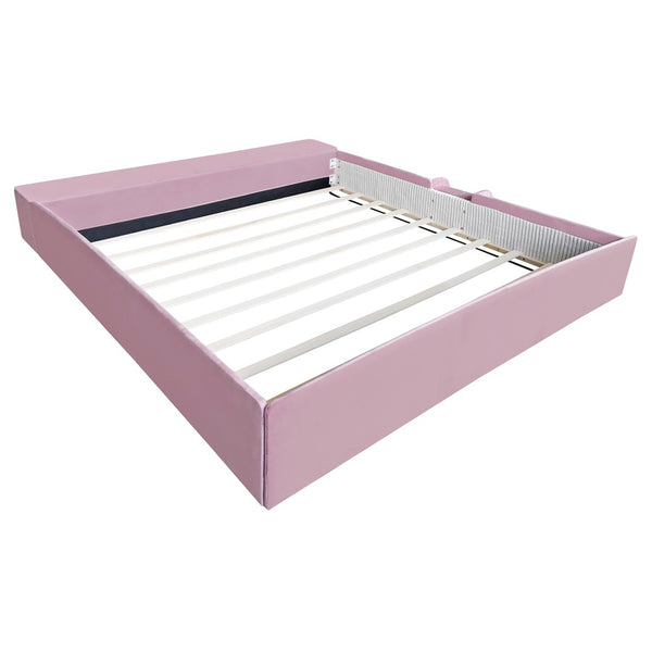 English Elm King Velvet Kids Platform Bed with Padded Guardrails Staircase and Storage Ottoman Pink+White SF000204AAH