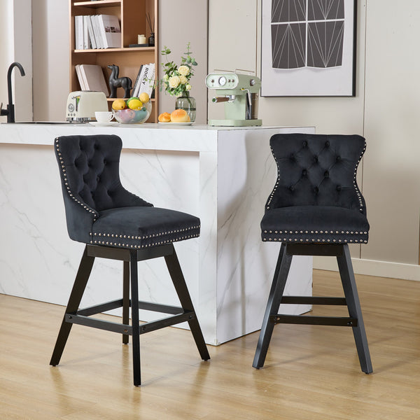 English Elm Swivel Velvet Barstools with Tufted Button Back, 360° Rotate, Plush Foam & Rubberwood Frame Black W1143P241332