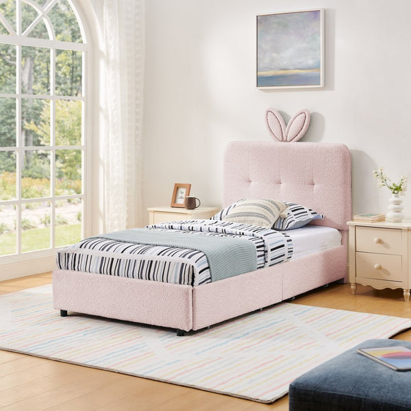 English Elm Twin Kids Boucle Upholstered Bed Rabbit Ear Headboard Led Lighting Four Storage Drawers Pink W1413P384920
