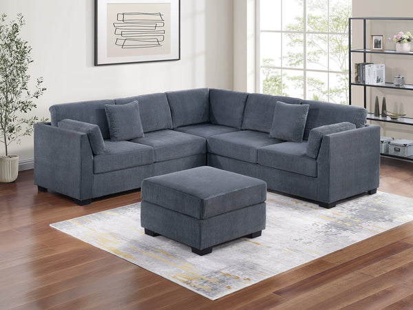 English Elm L-Sectional Corduroy 4-Piece L-Shaped Sectional Sofa Set with Ottoman, Plush Back Cushions & Throw Pillows Dark Gray 34 L x 26 W x 45 H B011S01769