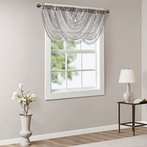 JLA Home Madison Park - Diamond Sheer Valance with Embroidered Diamond Motif, Tassel Trim, Waterfall Drape for Soft Light Grey MP41-4941