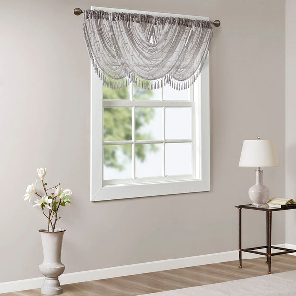 JLA Home Madison Park - Diamond Sheer Valance with Embroidered Diamond Motif, Tassel Trim, Waterfall Drape for Soft Light Grey MP41-4941