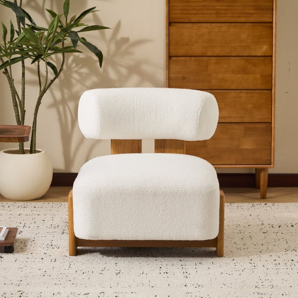 English Elm 27.25" Boucle Lounge Chair Solid Wood Frame Rolled Back Sculptural Living Room Accent N767P354792W