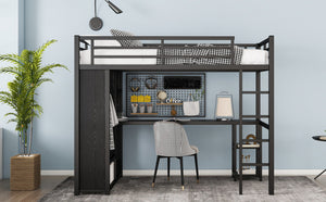 English Elm Twin Xl Loft Bed Frame With Desk & Wardrobe, Space-Saving Metal Design With Storage Shelves, Black W1580S00119-GIGA
