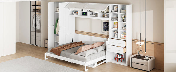 English Elm Queen Murphy Wall Bed Cabinet System with Wardrobe Drawers and Shelving in White Mdf LP000384AAK-1