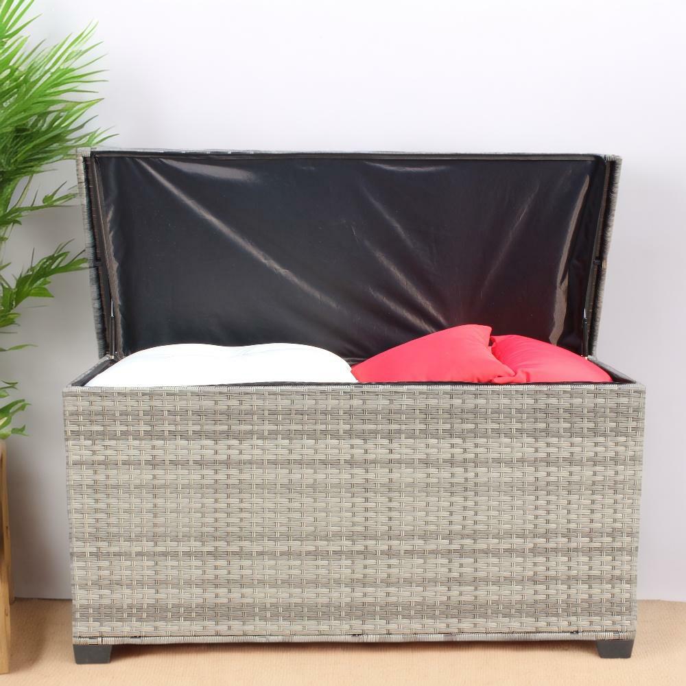 English Elm Wicker 148-Gallon Outdoor Patio Storage Box Grey PE Rattan with Steel Frame, Removable Cushion Cover, Easy Assembly W209P268315