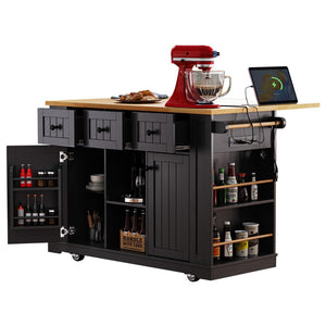 English Elm K&k 53 Inch Rolling Kitchen Island with Drop Leaf Power Outlet and Open Storage Racks Black N707S185531B