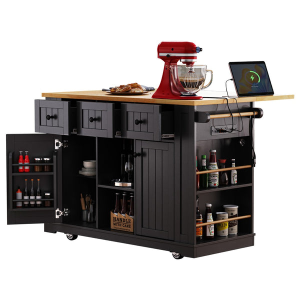 English Elm K&k 53 Inch Rolling Kitchen Island with Drop Leaf Power Outlet and Open Storage Racks Black N707S185531B