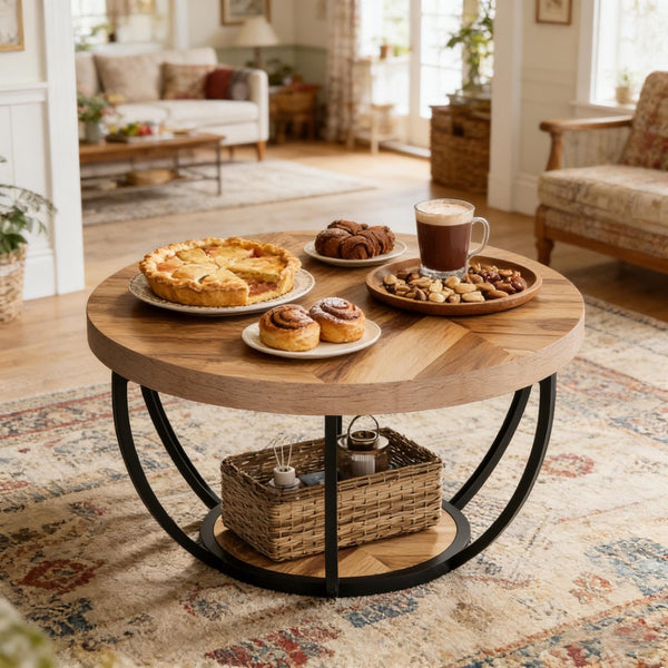 English Elm 2-tier Round Coffee Table Engineered Wood Top Arc Steel Legs Living Room Accent Wood T3971P453291