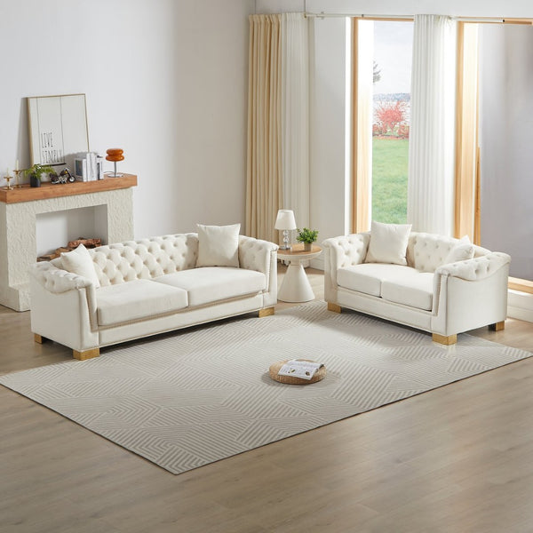English Elm 3-seater and 2-seater Chesterfield Velvet Sofa Set with Tufted Back Gold Stud Trim Beige W1926S00102