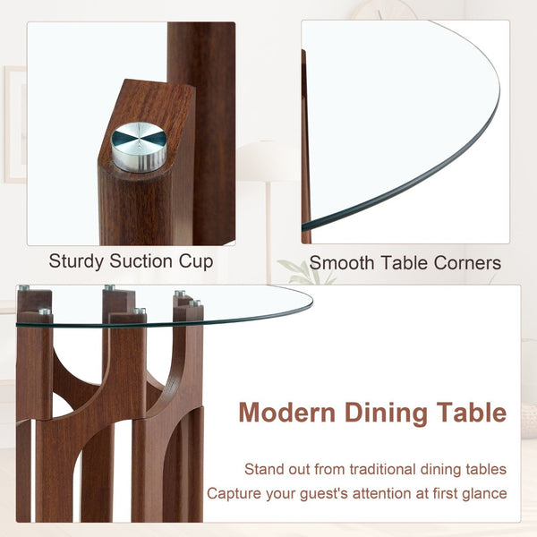 English Elm Round Tempered Glass Dining Table Sculptural Geometric Mdf Base Seats Four Compact Walnut W3875P387156